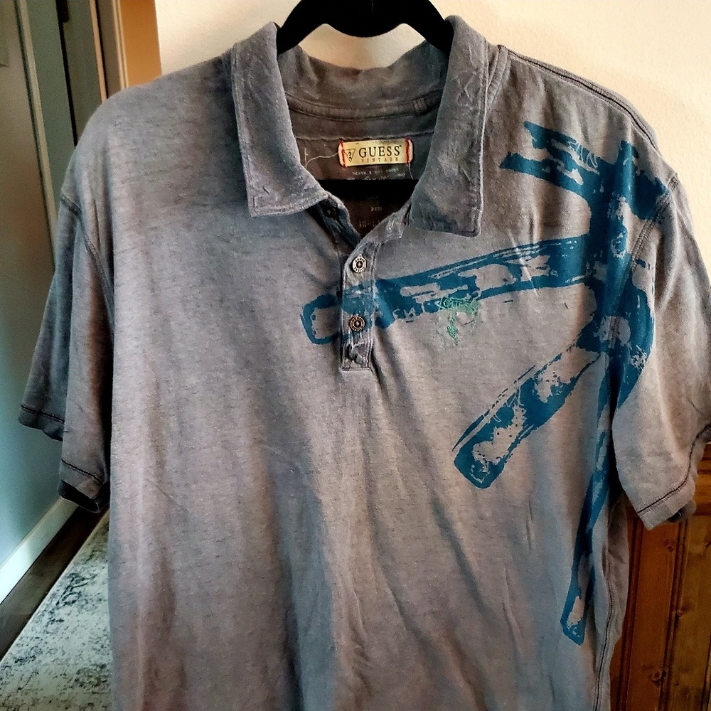 Men's GUESS Distressed Grey Faded Polo size XL